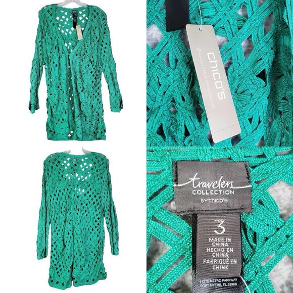 Chicos Travelers Soutache Cardigan Jacket Women’s Size 3 US XL Green New - Picture 1 of 9
